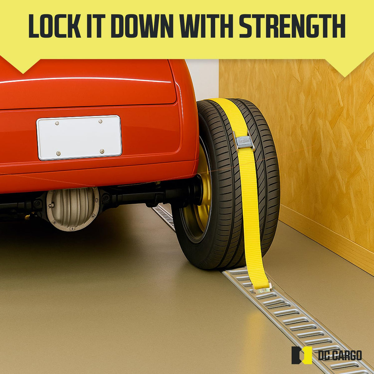 DC Cargo Mall strap beside measuring tape showing 12-foot length for versatility