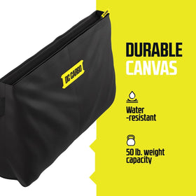 DC Cargo Mall zipper and reinforced stitching detail showing durable construction benefit: secure closure