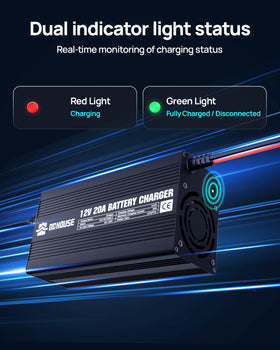 DC HOUSE charger connected to 12V battery illustrating safe, quick battery recharge