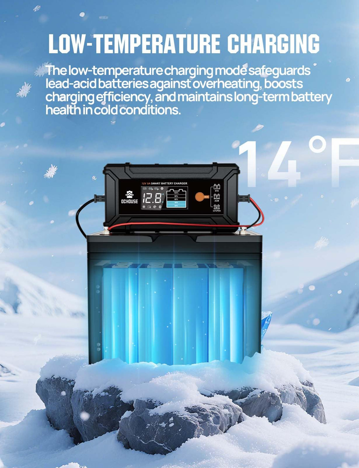 DC HOUSE powering a motorcycle battery to restore useful charge quickly