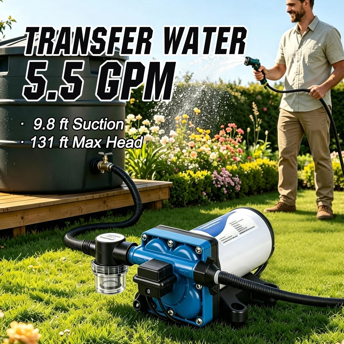 DC HOUSE connected to garden hose demonstrating irrigation-ready convenience benefit