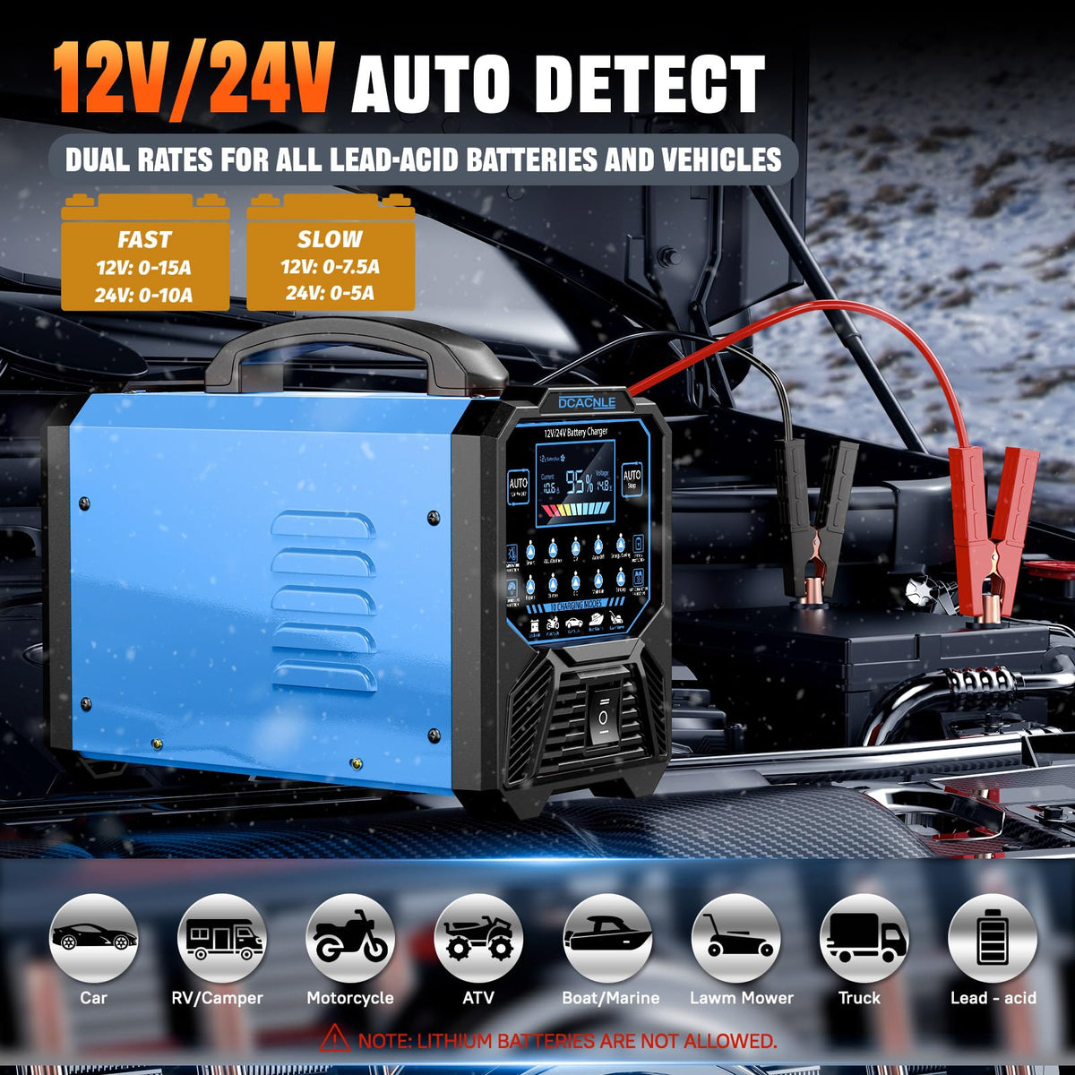 DCACNLE closeup LCD indicators show battery percentage and charging voltage clearly