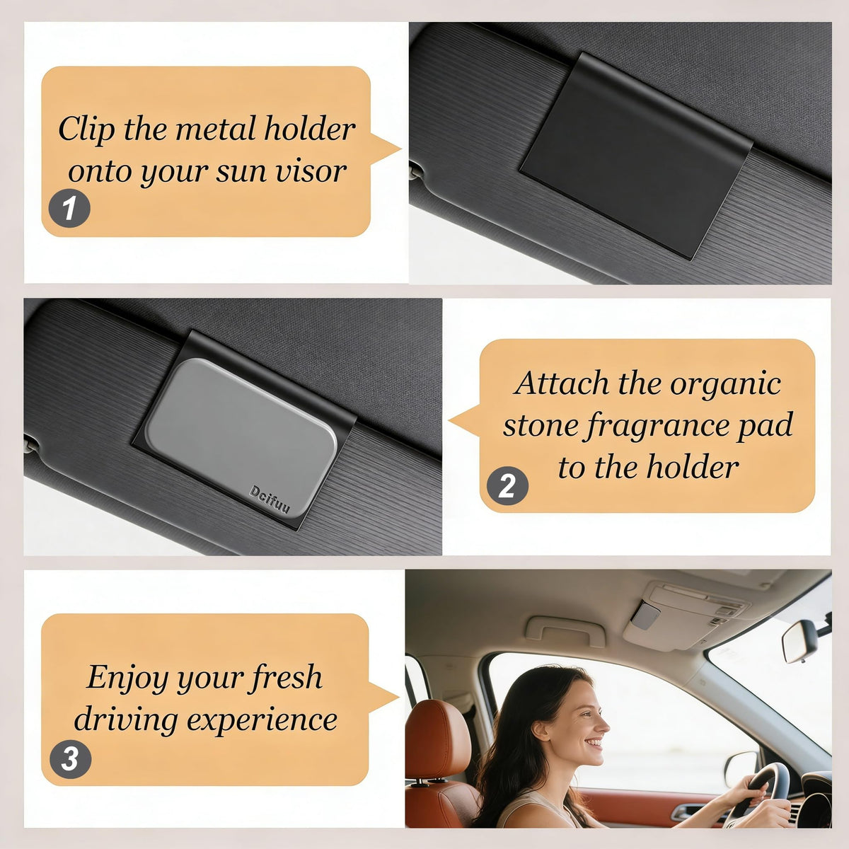 Dcifuu lifestyle on dashboard during road trip showing pleasant cabin scent benefit