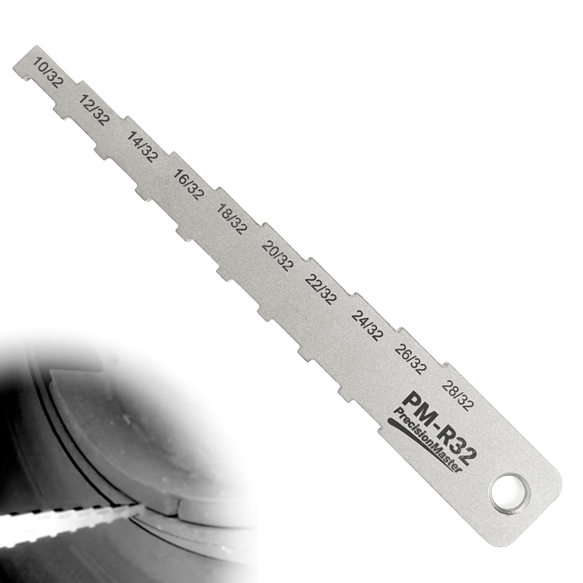 DCOMA front view of stainless steel brake pad measuring tool showing compact durable design and accurate readings