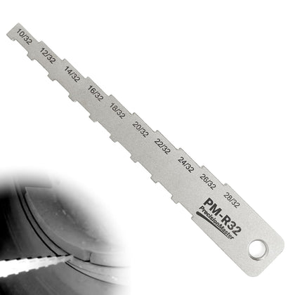DCOMA front view of stainless steel brake pad measuring tool showing compact durable design and accurate readings