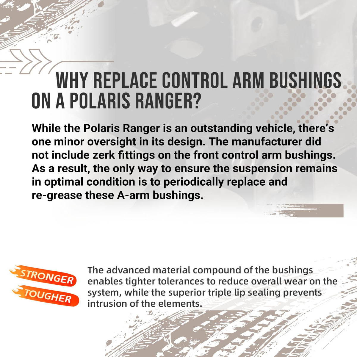 DCOMA installed on Polaris Ranger A-arm illustrating quieter, smoother suspension