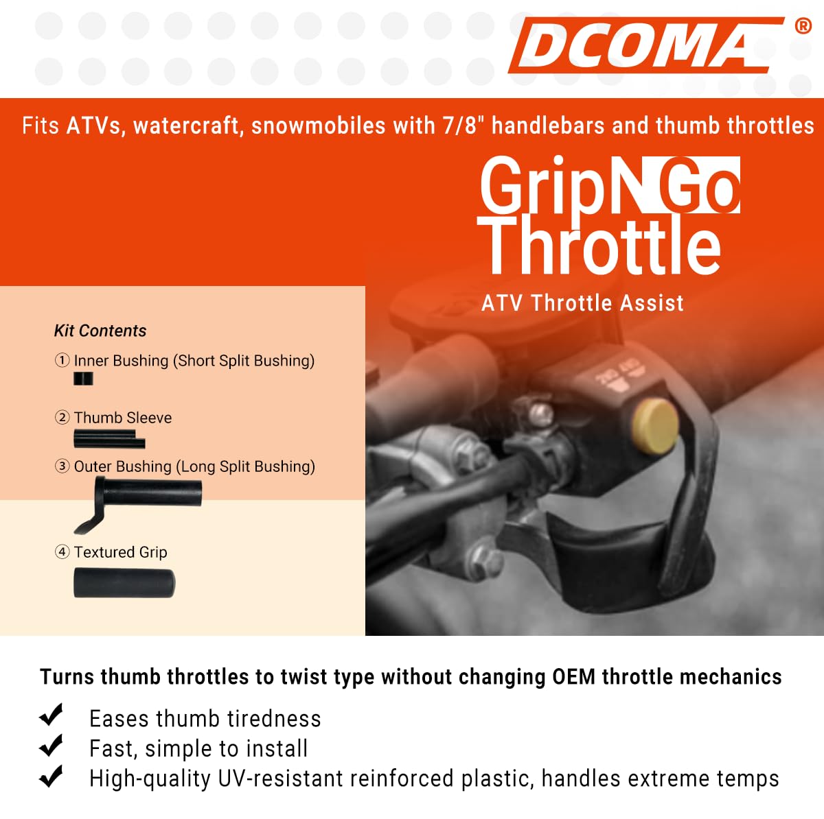DCOMA throttle lever close-up showing ergonomic shape for comfort