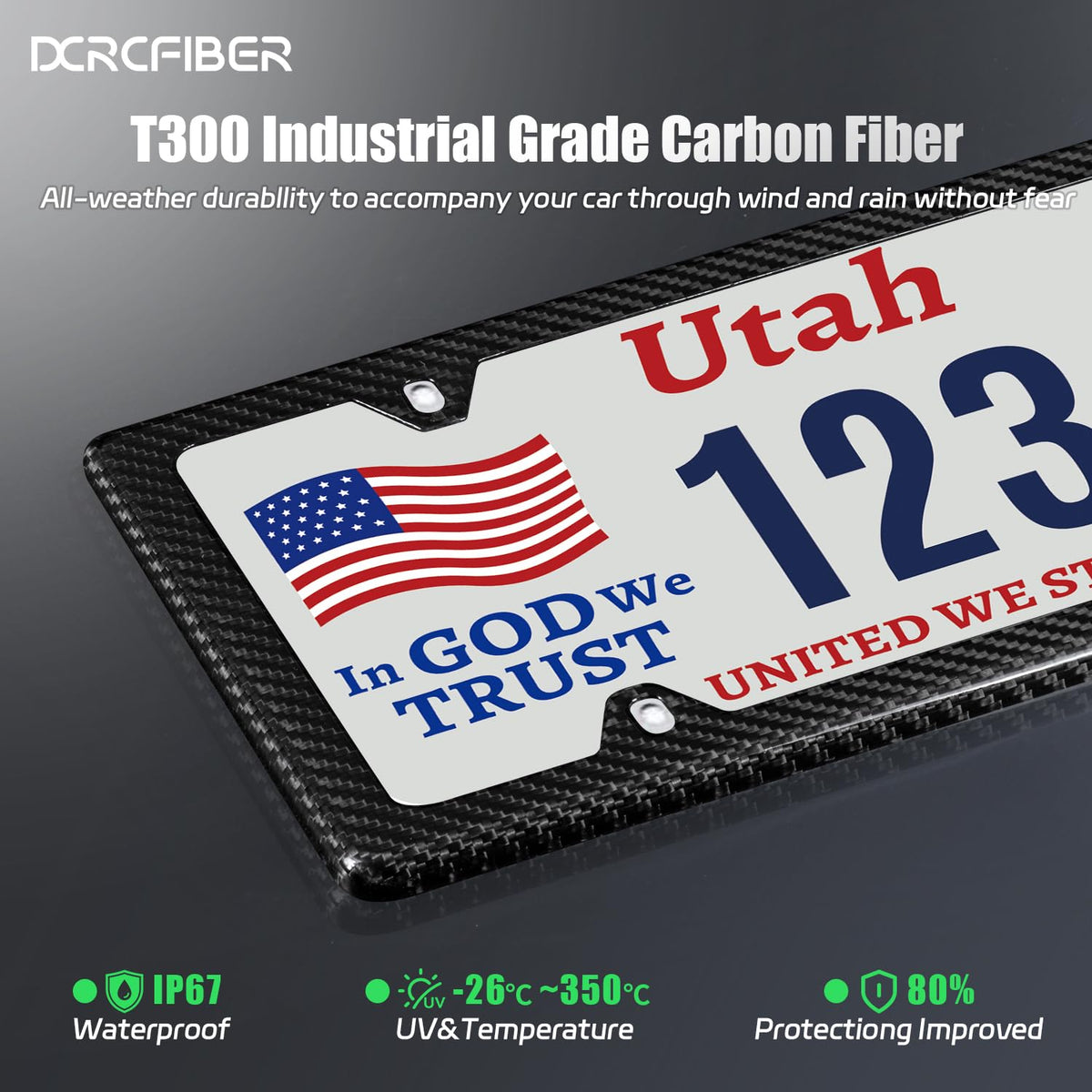 DCRCFIBER frame next to standard license plate showing exact scale and fit