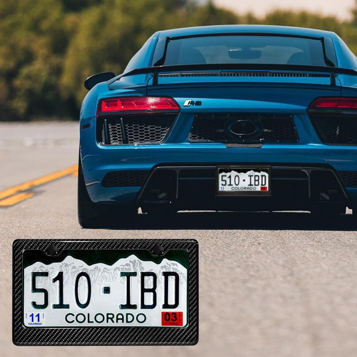 DCRCFIBER frame beside standard US license plate showing fit and scale benefit of exact compatibility