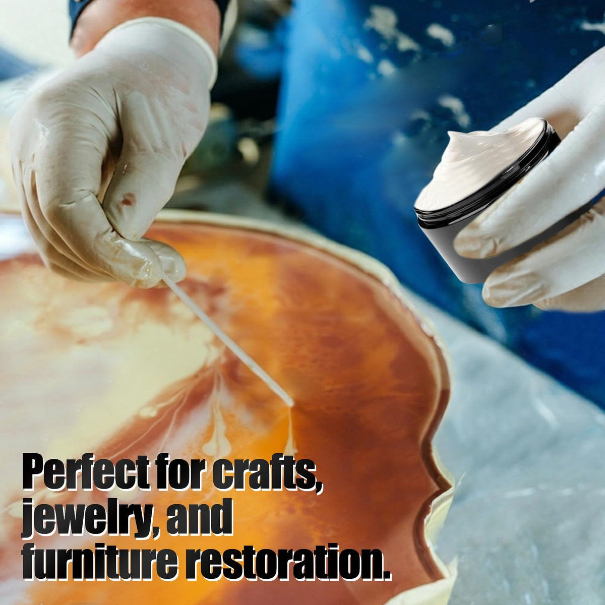 DEAPLLEONC lifestyle application on resin table illustrating finished glossy surface and aesthetic improvement