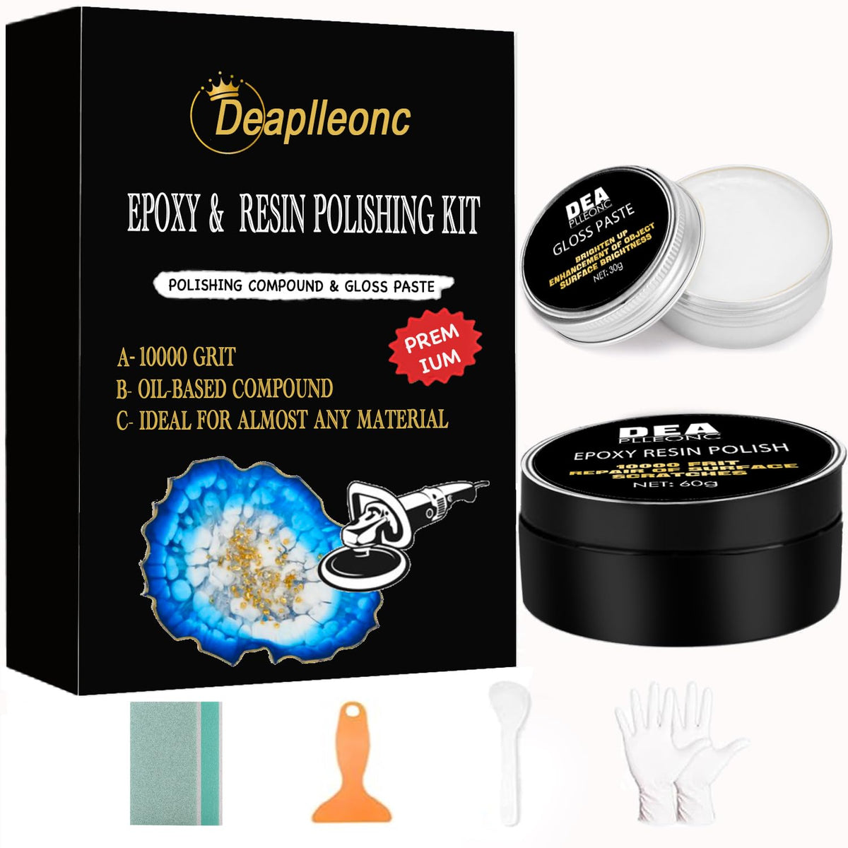 DEAPLLEONC packaging front view showing complete polishing kit and components, showcasing readiness
