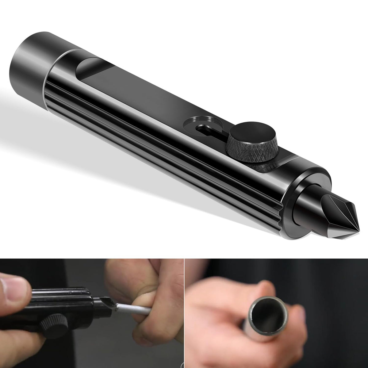 DearChan deburring tool front view showing compact body and benefit of precise tube prep