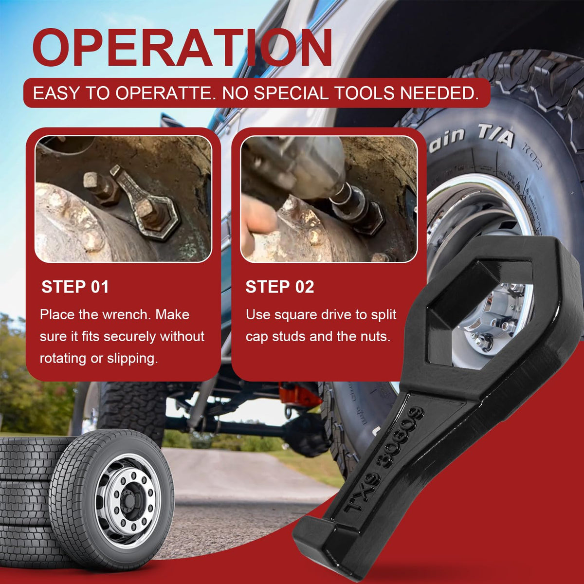 Deargooday wrench in use on dual wheel holding outer cap to prevent damage