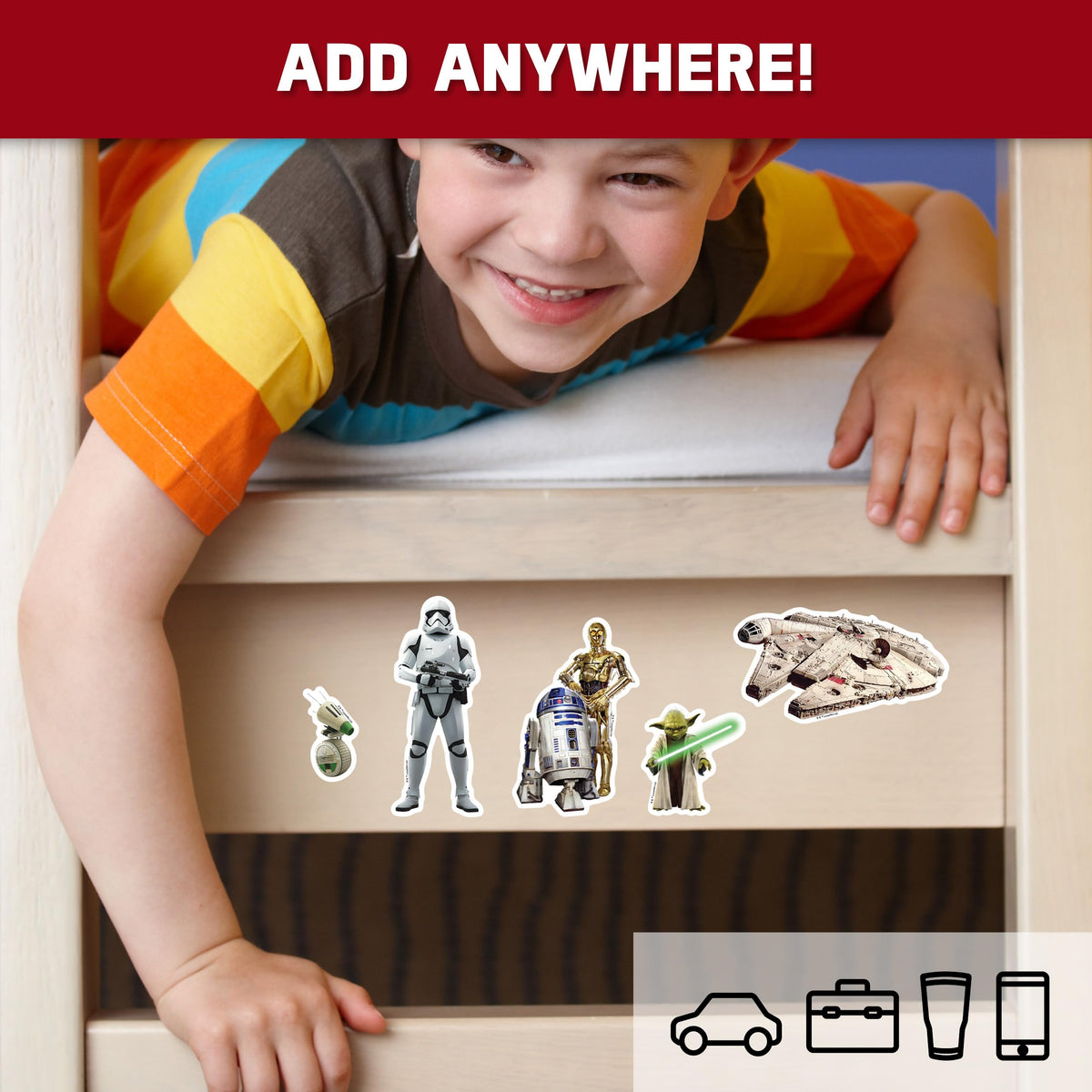 DECALCOMANIA Stormtrooper Boba Fett BB‑8 individual stickers demonstrating design variety