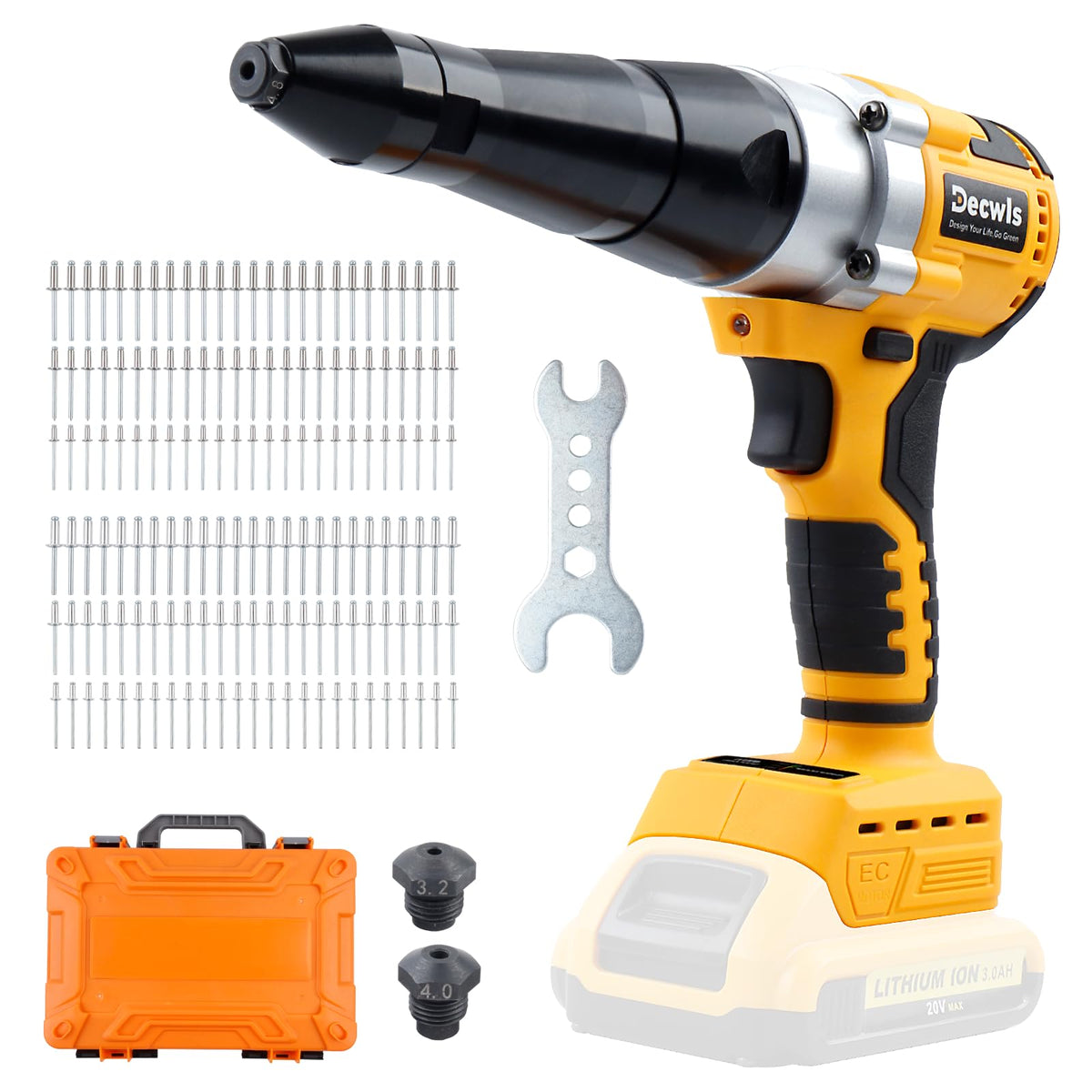 Decwls cordless rivet gun front view showing case for easy transport and storage