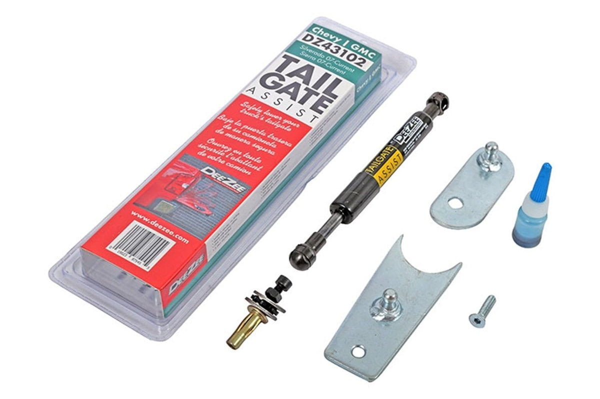 DEE ZEE DZ43102 front packaging showing complete tailgate assist kit and included hardware benefits convenience