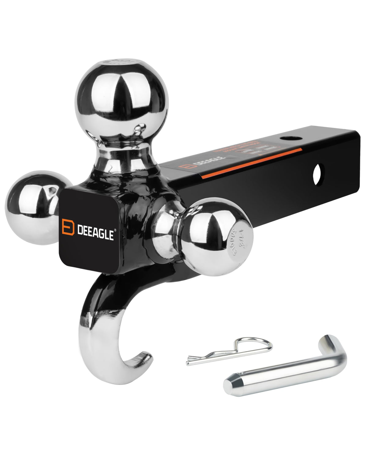 DEEAGLE front view of assembled 3-ball hitch showing all three balls and hook, clear sizing benefit