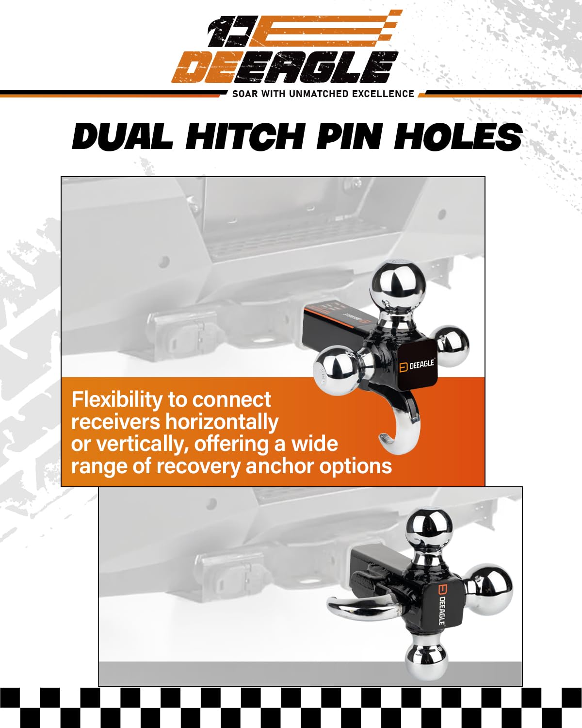 DEEAGLE detailed view of hook and adjacent ball showing versatile attachment and safety use