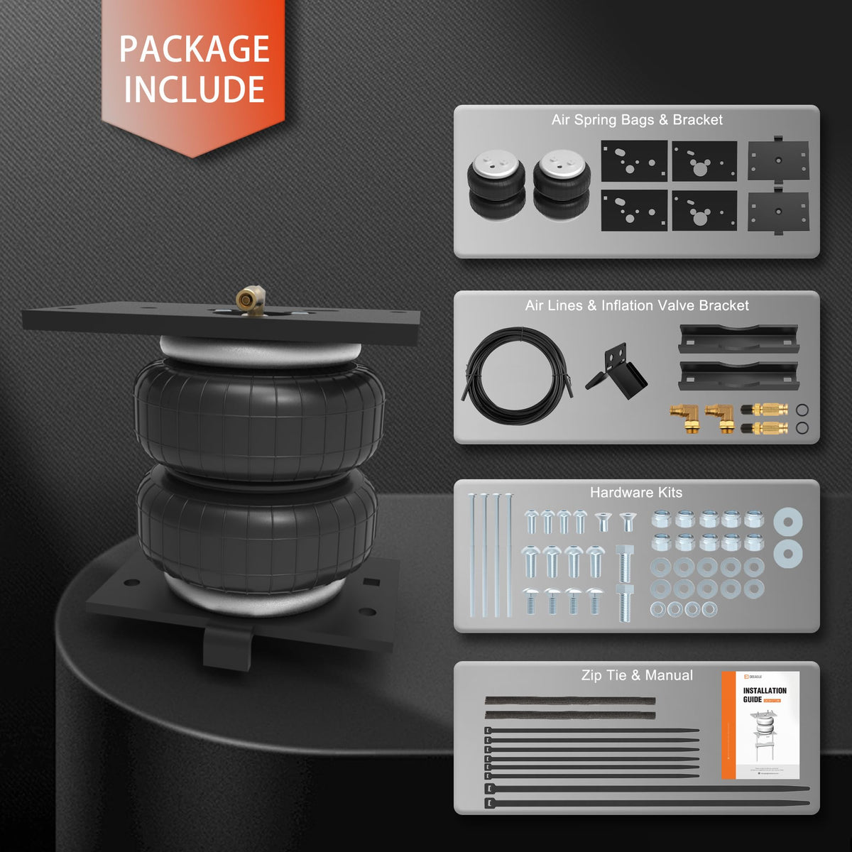DEEAGLE packaging with labeled parts for quicker, no-drill installation