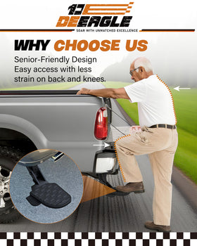 DEEAGLE step extended as person climbs into truck bed with ease