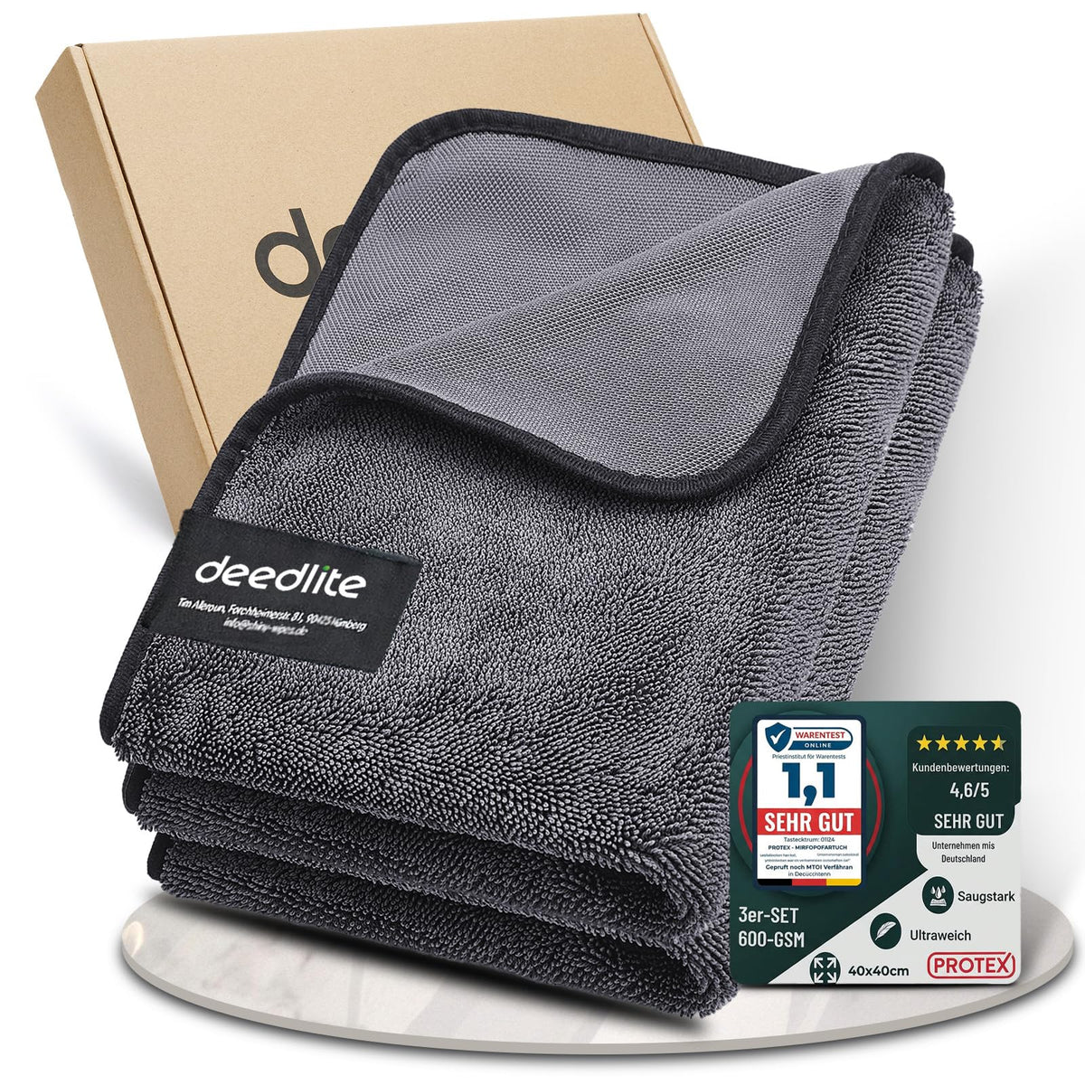 Deedlite front packaging showing towel and benefits