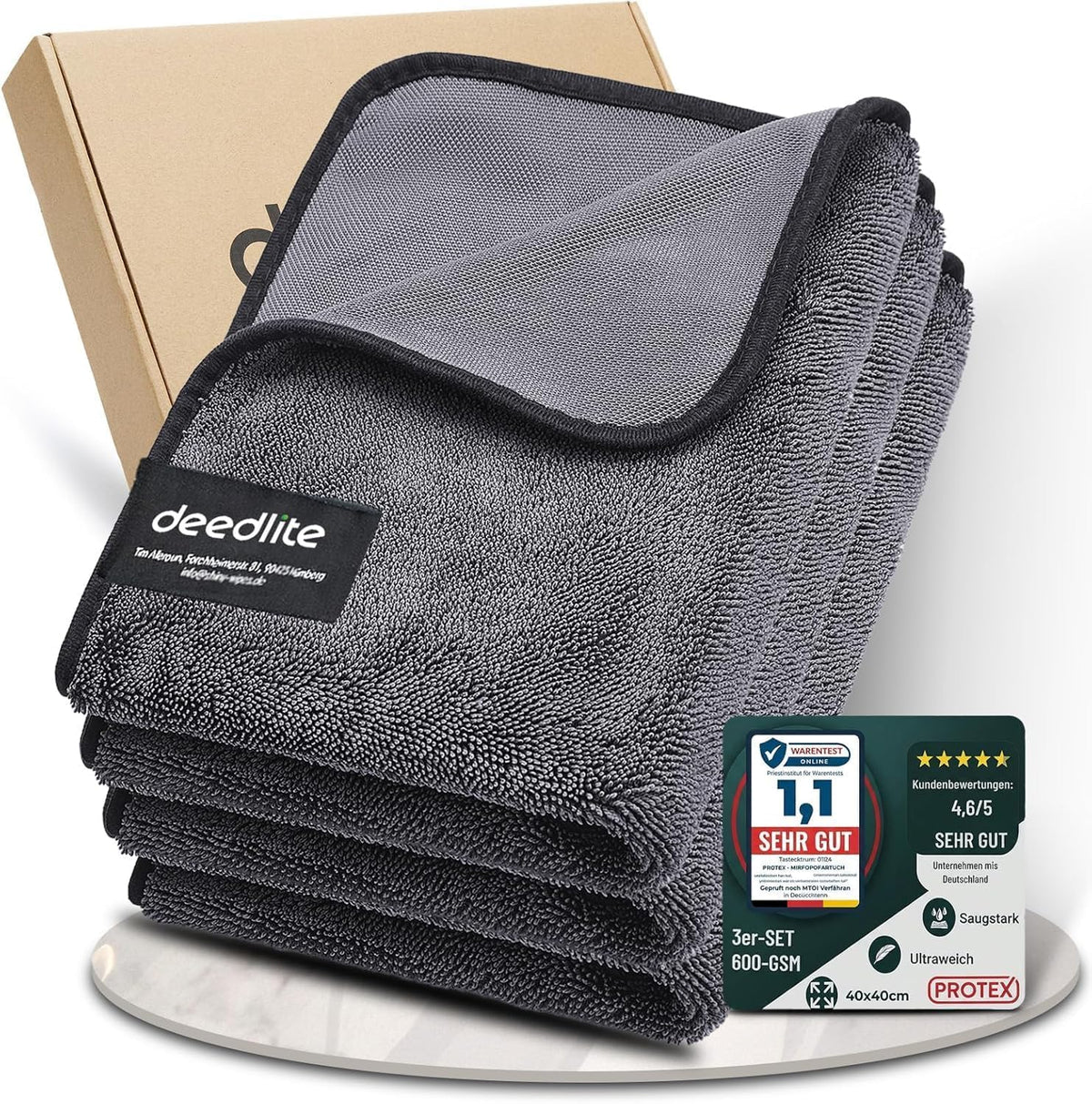 Deedlite front packaging showing towel and benefits for fast drying