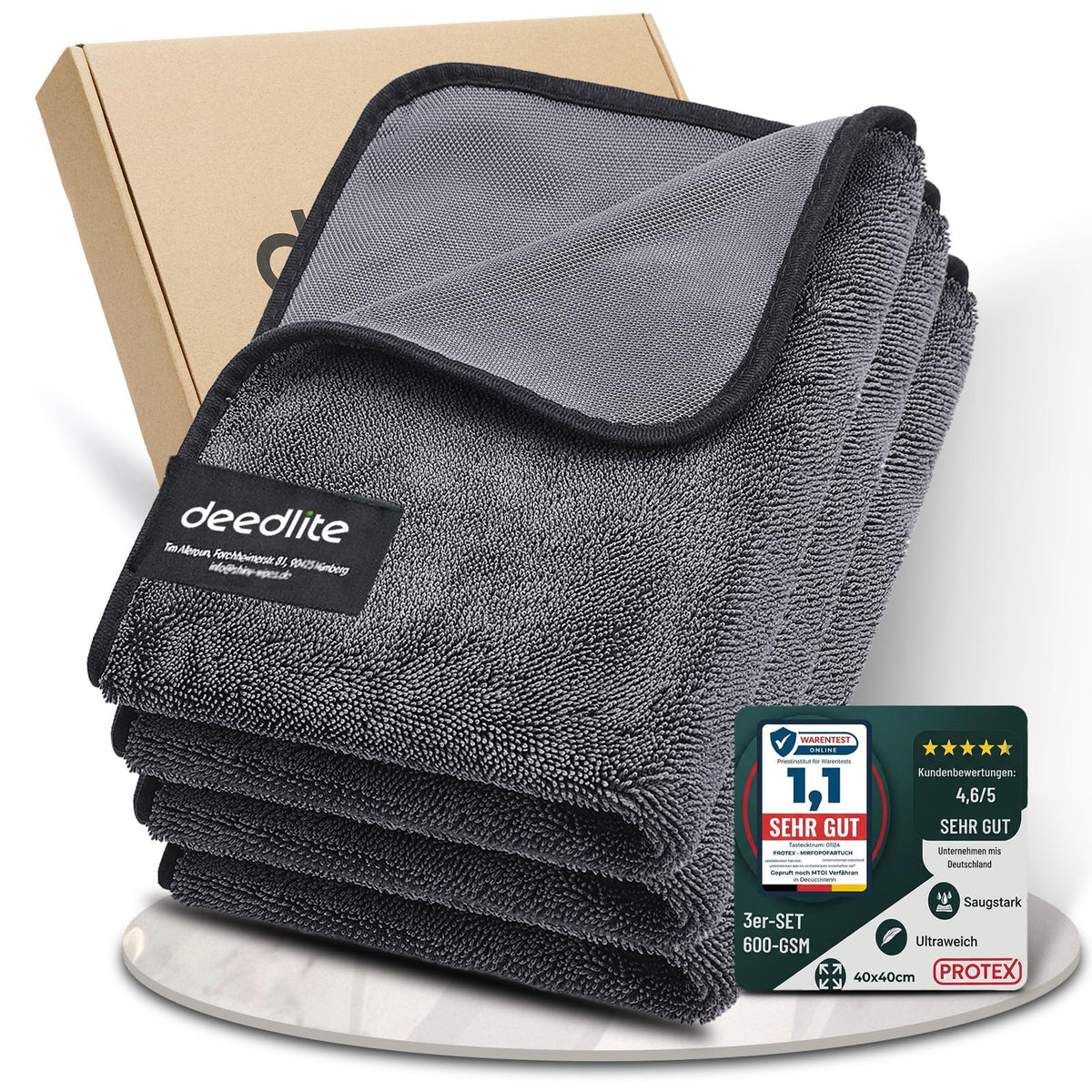Deedlite front packaging showing towel set and key benefits