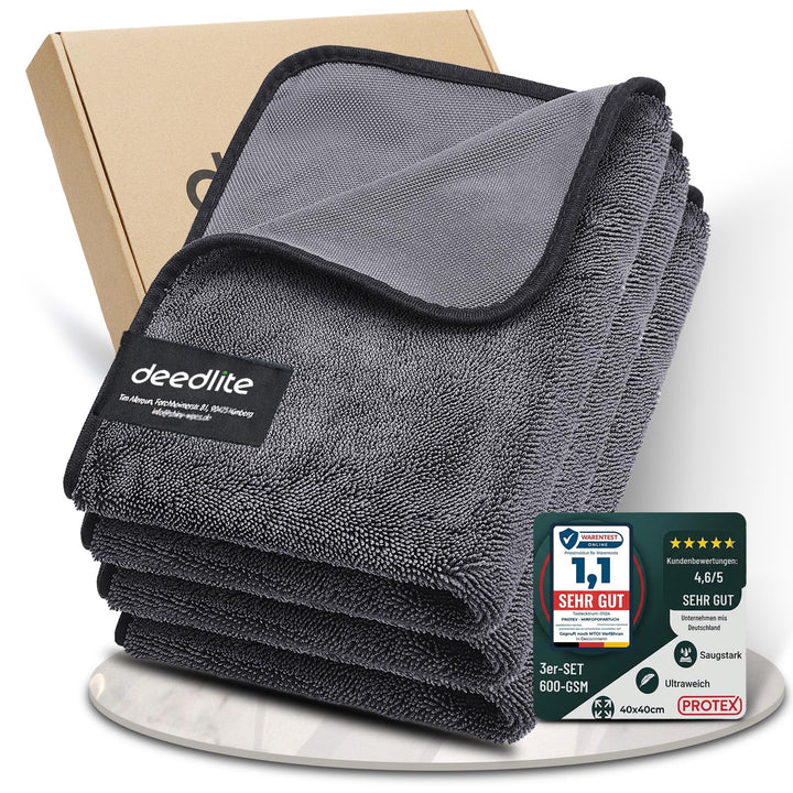 Deedlite front packaging showing towel set and key benefits