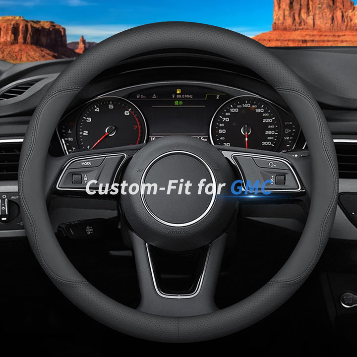Deer Route front view of packaged GMC steering wheel cover showing logo and color