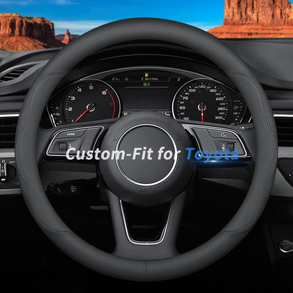 Deer Route front view of leather steering wheel cover showing trim and fit benefit