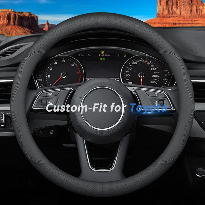 Deer Route front view of leather steering wheel cover showing trim and fit benefit