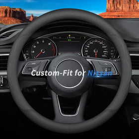 Deer Route steering wheel front view showing snug fit and logo, improving cabin style