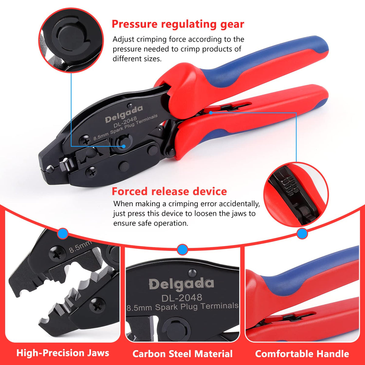 Delgada crimper in use on ignition wire demonstrates quick, consistent crimps on cables