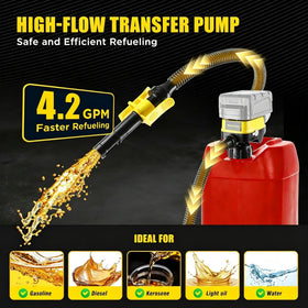 DEMAKIMI pump with DeWalt battery mounted demonstrating cordless convenience