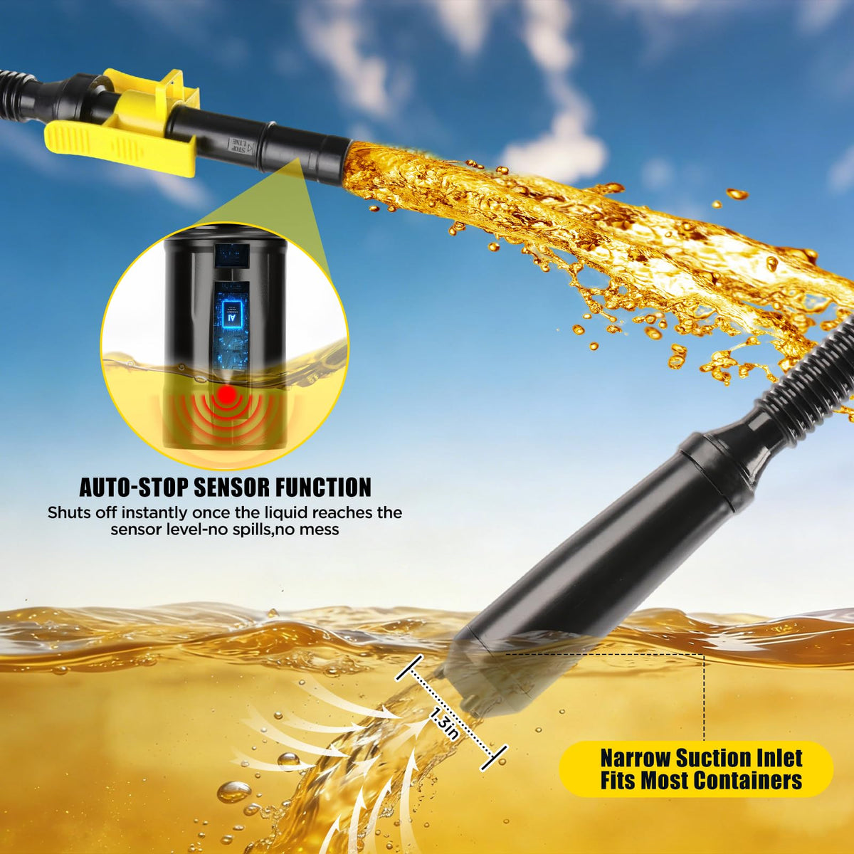 DEMAKIMI nozzle close-up highlighting auto-stop sensor and safe refueling