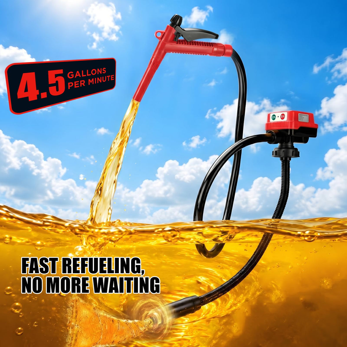 DEMAKIMI pumping gasoline into a boat tank illustrating quick, clean refueling