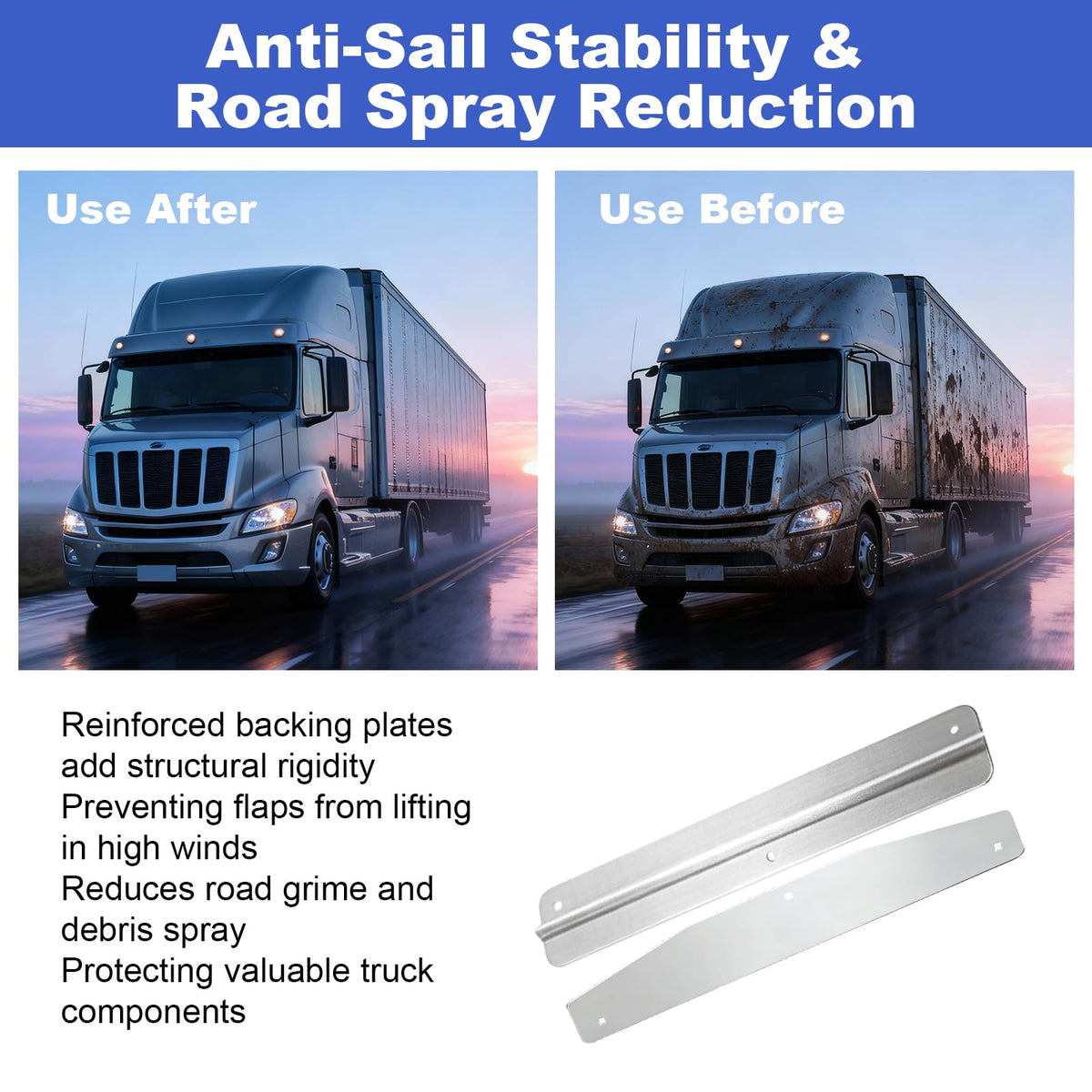 Demimy installed on a semi-trailer demonstrating spray reduction and stability
