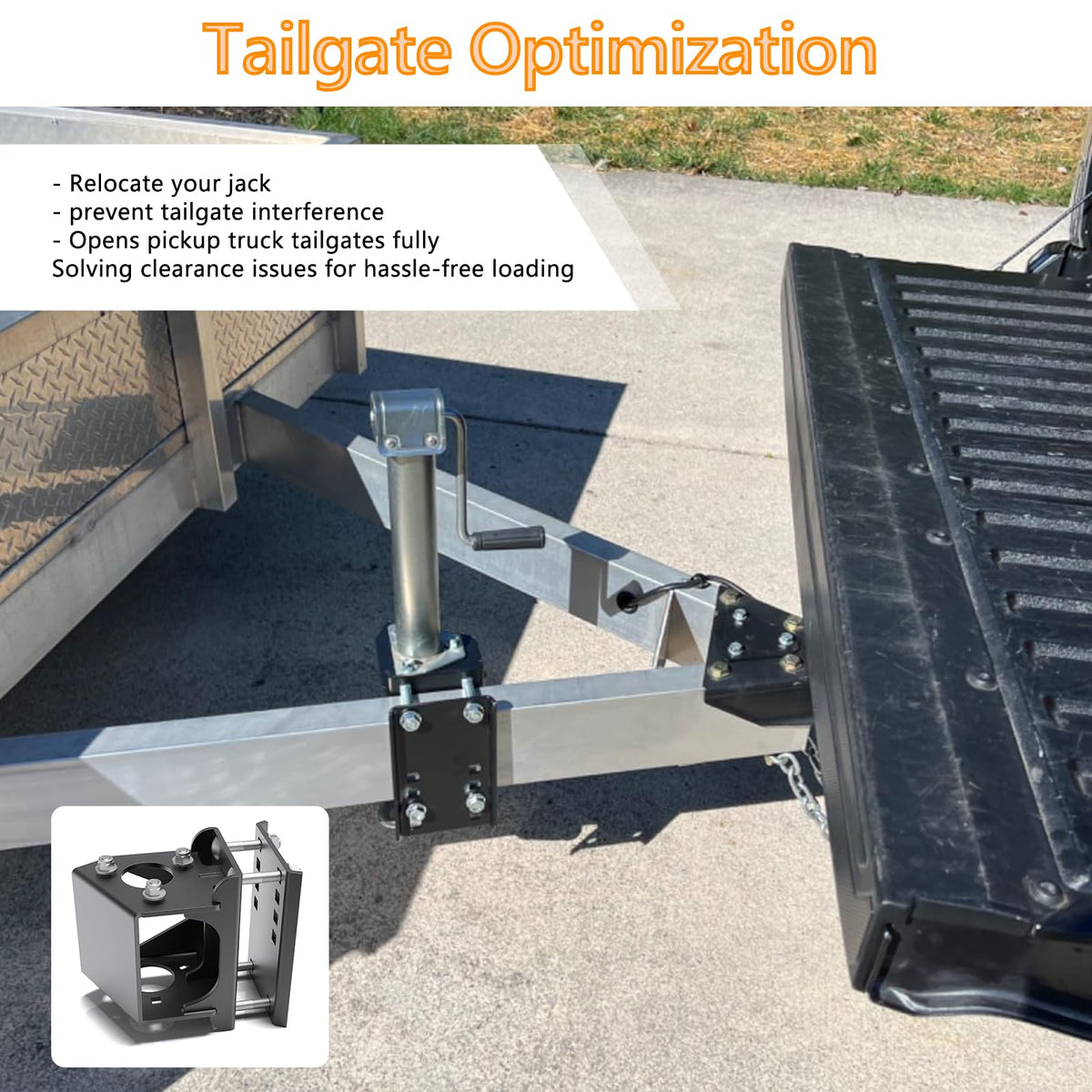 Demimy bracket installed on trailer tongue demonstrating tailgate access benefit