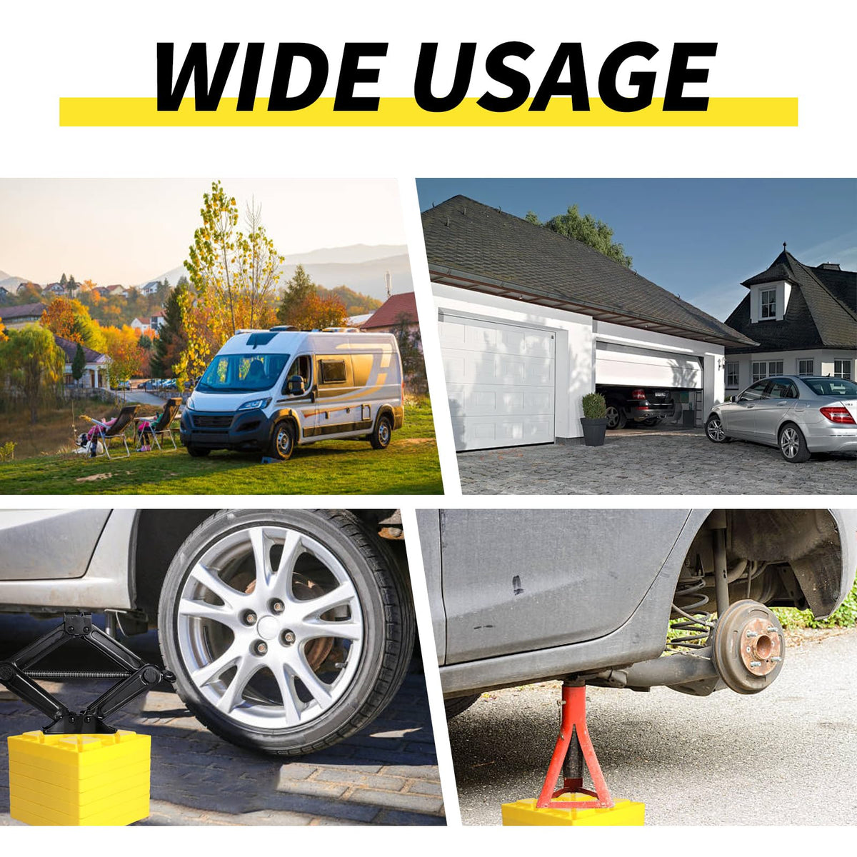 Demreal blocks in use under RV tire illustrating stable support benefit