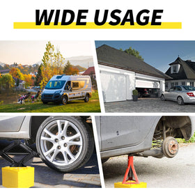Demreal blocks in use under RV tire illustrating stable support benefit