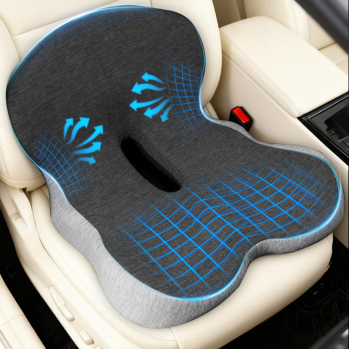 Denchy front view of seat cushion showing ergonomic shape and improved comfort