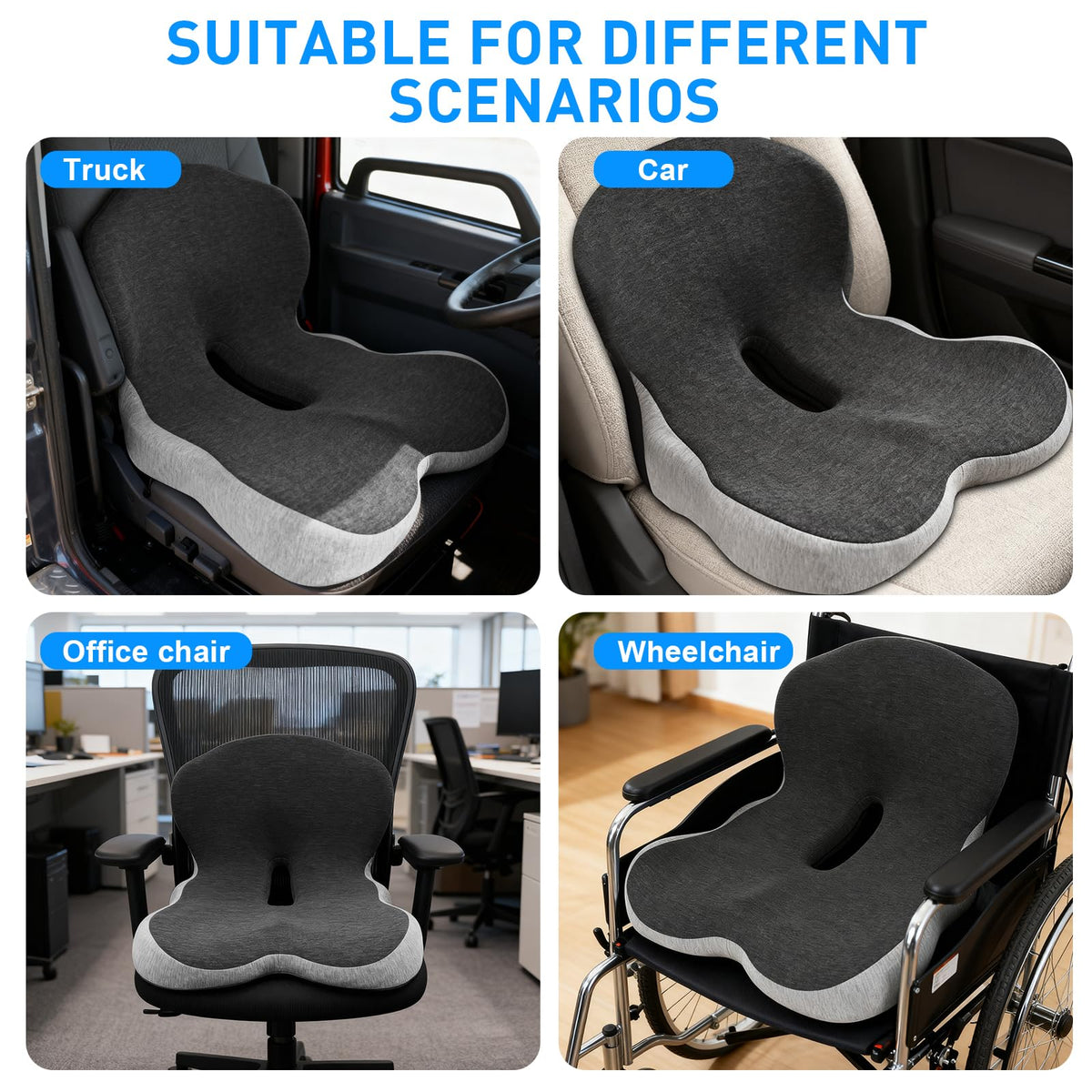 Denchy used on office chair for long-day support and reduced fatigue
