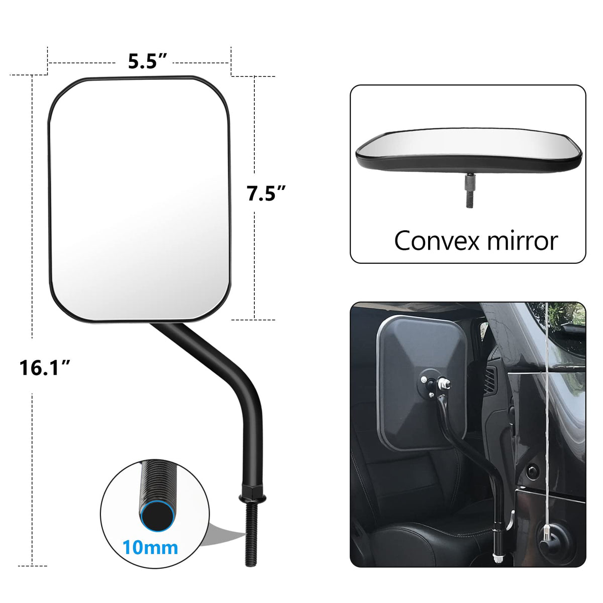 DenForste close-up of 5.5x7.5 inch convex glass that widens rear visibility benefit