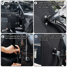 DenForste mirror mounted on Jeep hinge demonstrating secure fit and restored sightlines benefit