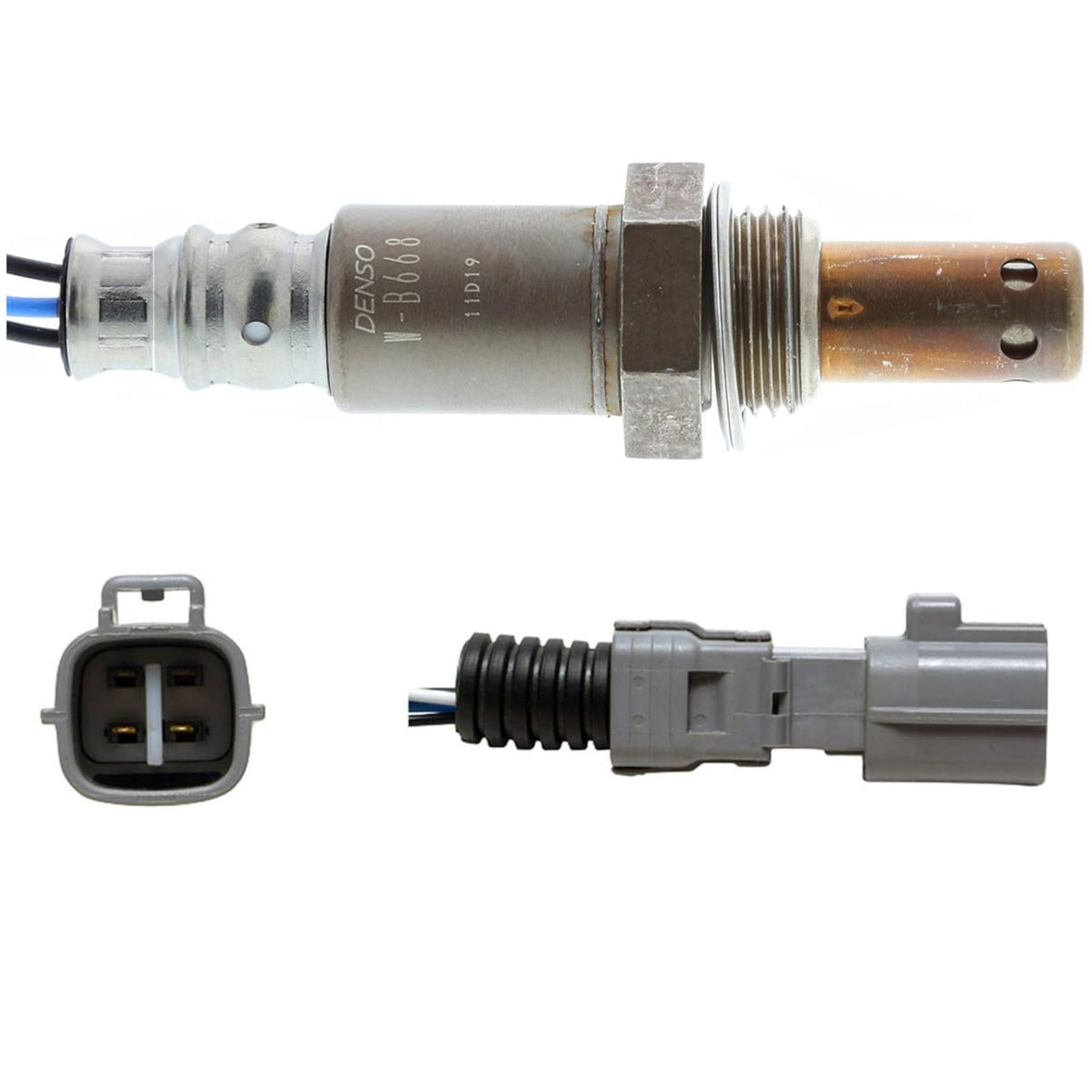Denso 234-4168 front view showing sensor and mounting threads, reliable OEM fit