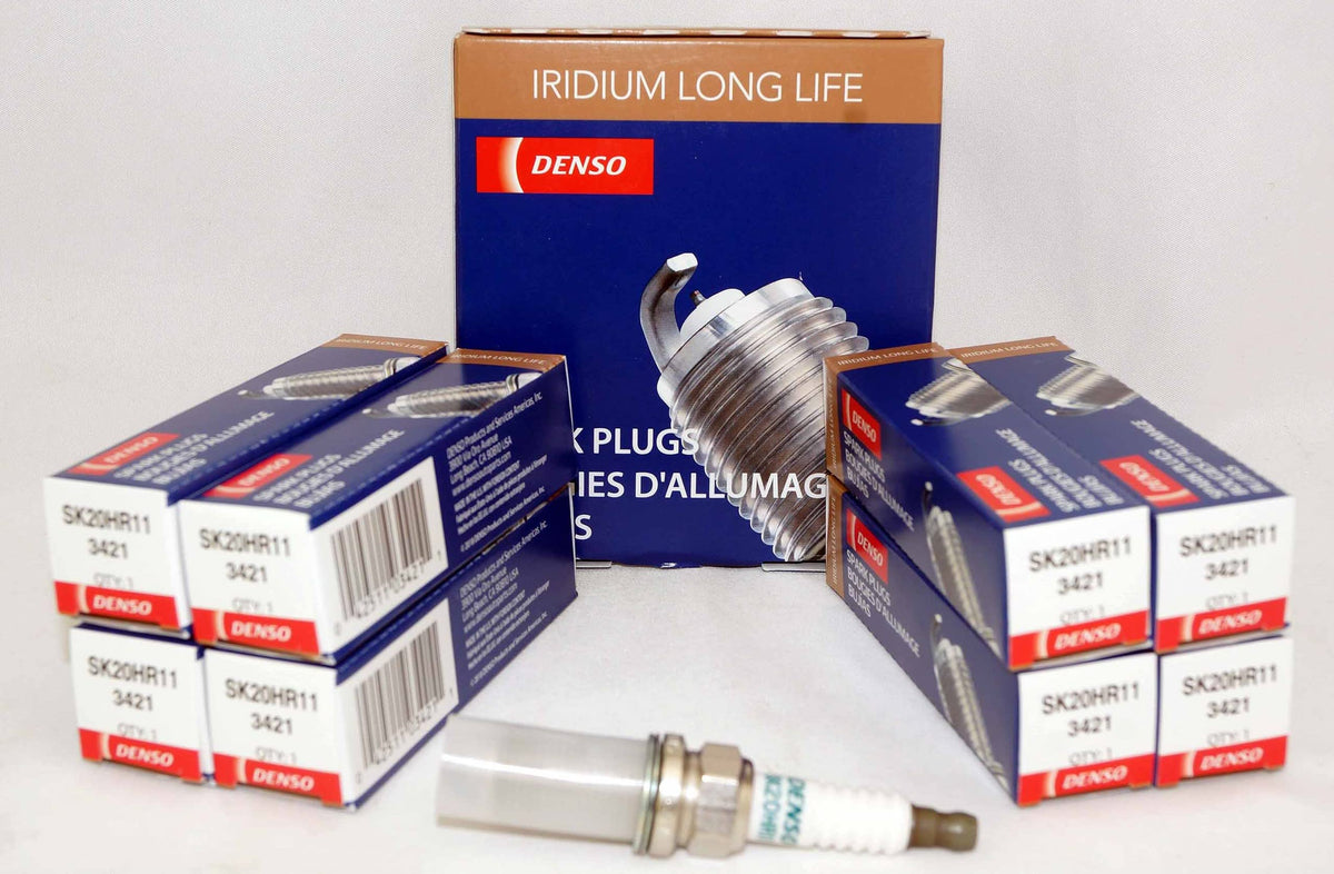 Denso 3421 front packaging showing eight iridium spark plugs and labeled part number for correct fit