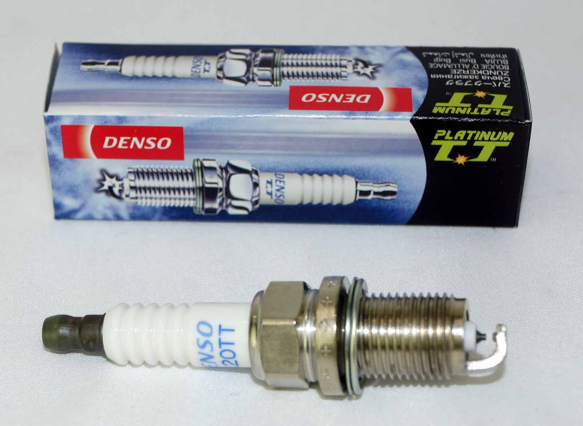 Denso close-up of twin-tip electrodes highlighting platinum and titanium durability