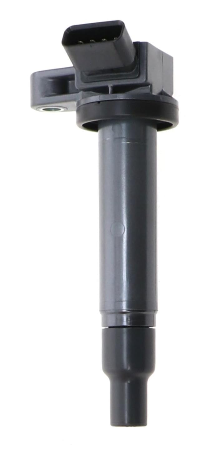 Denso ignition coil front view showing connector and mounting for reliable replacement