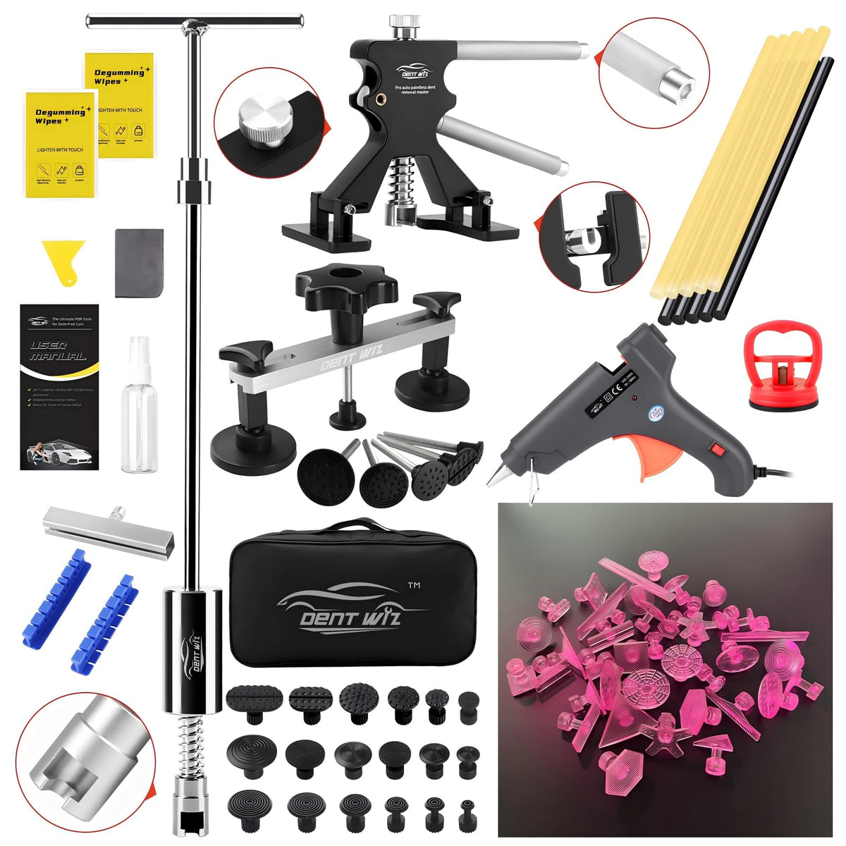DentWiz kit front view showing full set and portable bag for quick repairs