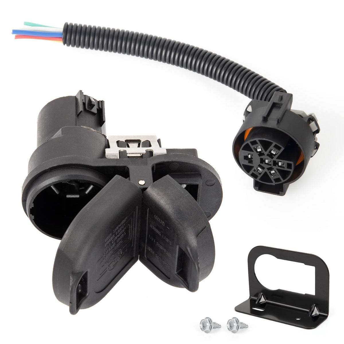 Deolenoom front connector bracket showing dual 7‑blade and 4‑flat ports for versatile towing